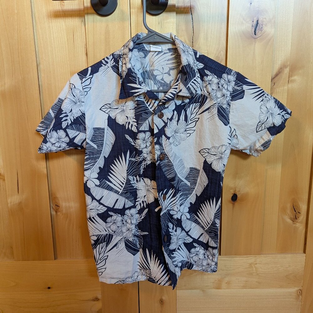 Button down blue and white Hawaiian shirt boys size 12